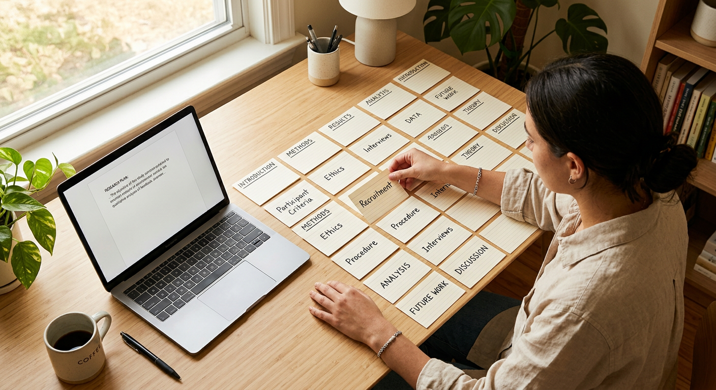 Illustration de l'organisation de contenu structuré pour améliorer la lisibilité par les modèles de langage, vue de dessus d'un bureau avec fiches et ordinateur.