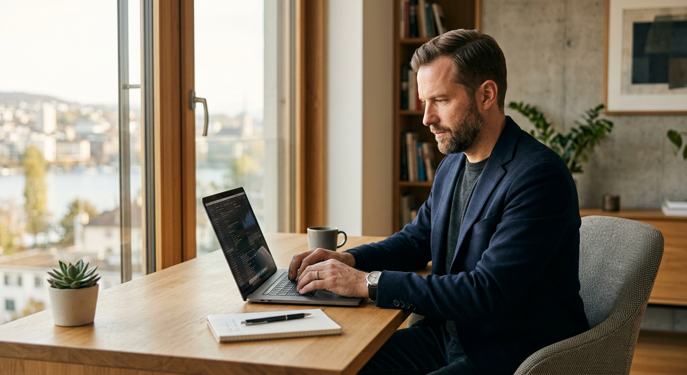 Entrepreneur suisse générant des articles SEO automatiquement depuis son bureau à domicile sans agence