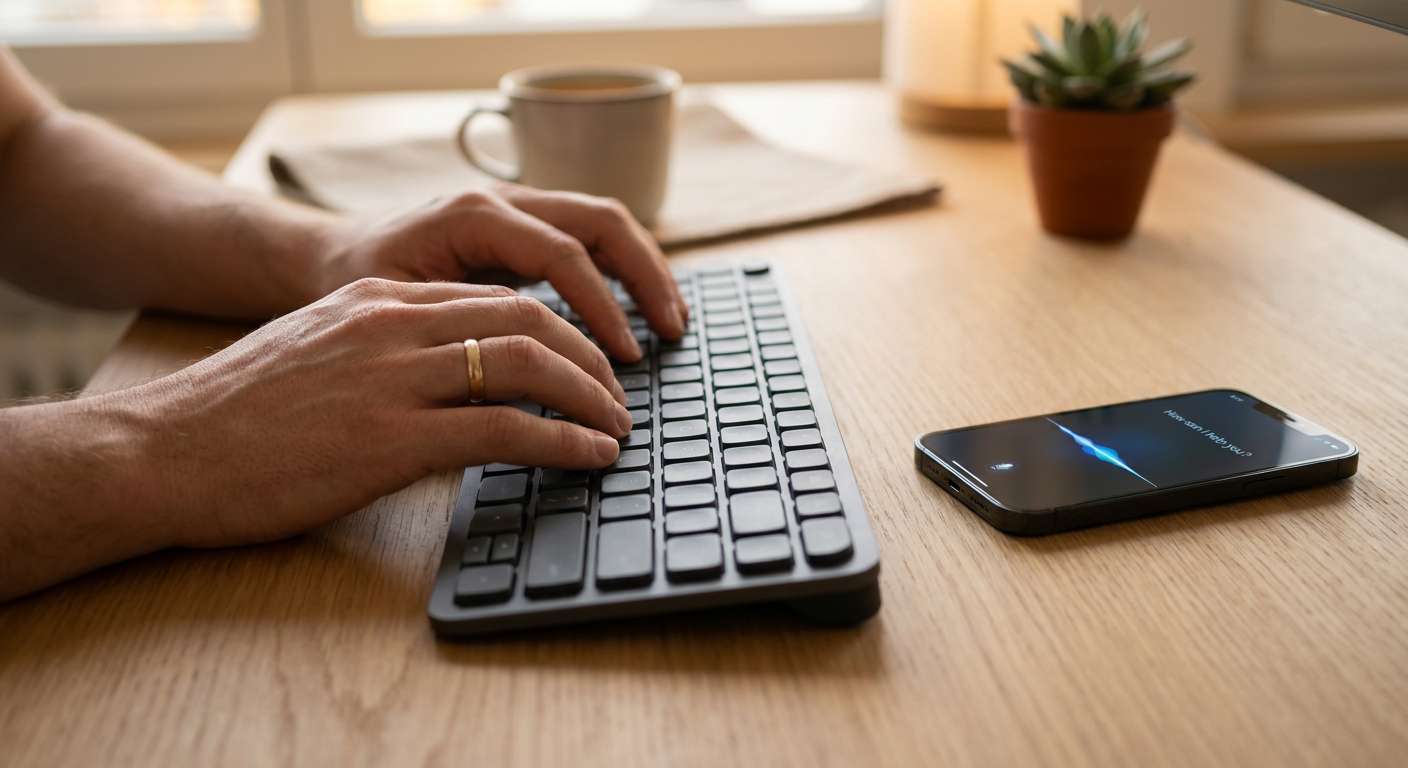Mains tapant sur un clavier pour tester la visibilité d'un site PME dans les outils de vérification des assistants IA