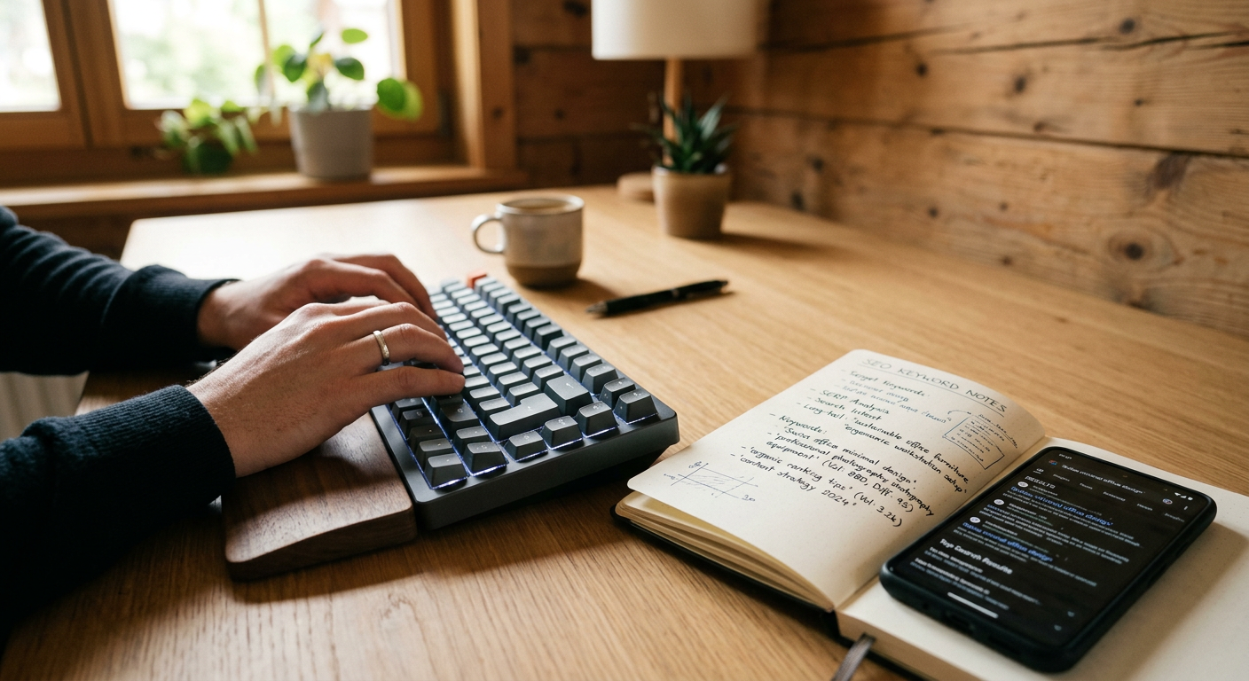 Rédaction de contenu optimisé SEO assistée par l'IA pour une PME suisse, notes de mots-clés et recherche sur smartphone