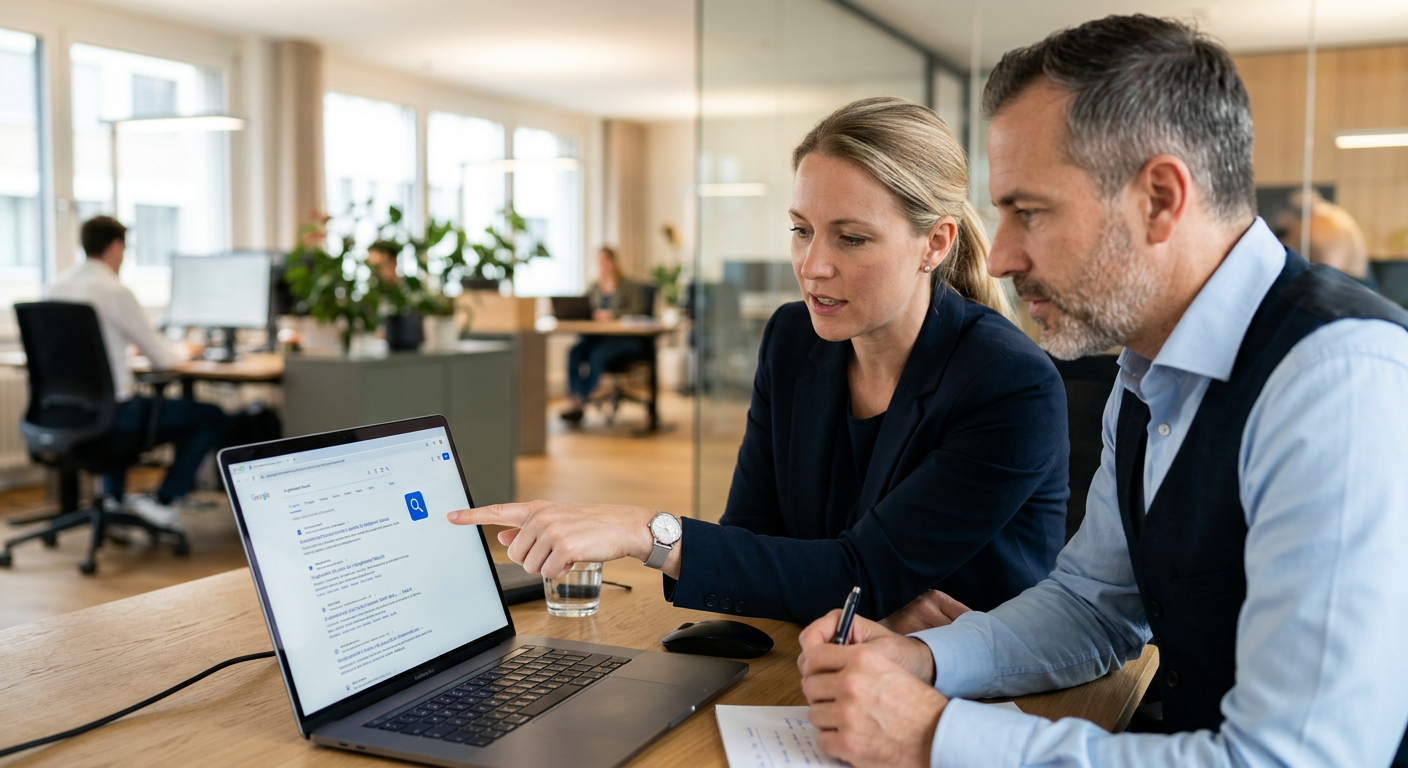Deux professionnels discutant d'une stratégie GEO Generative Engine Optimization pour améliorer la présence d'une PME sur ChatGPT