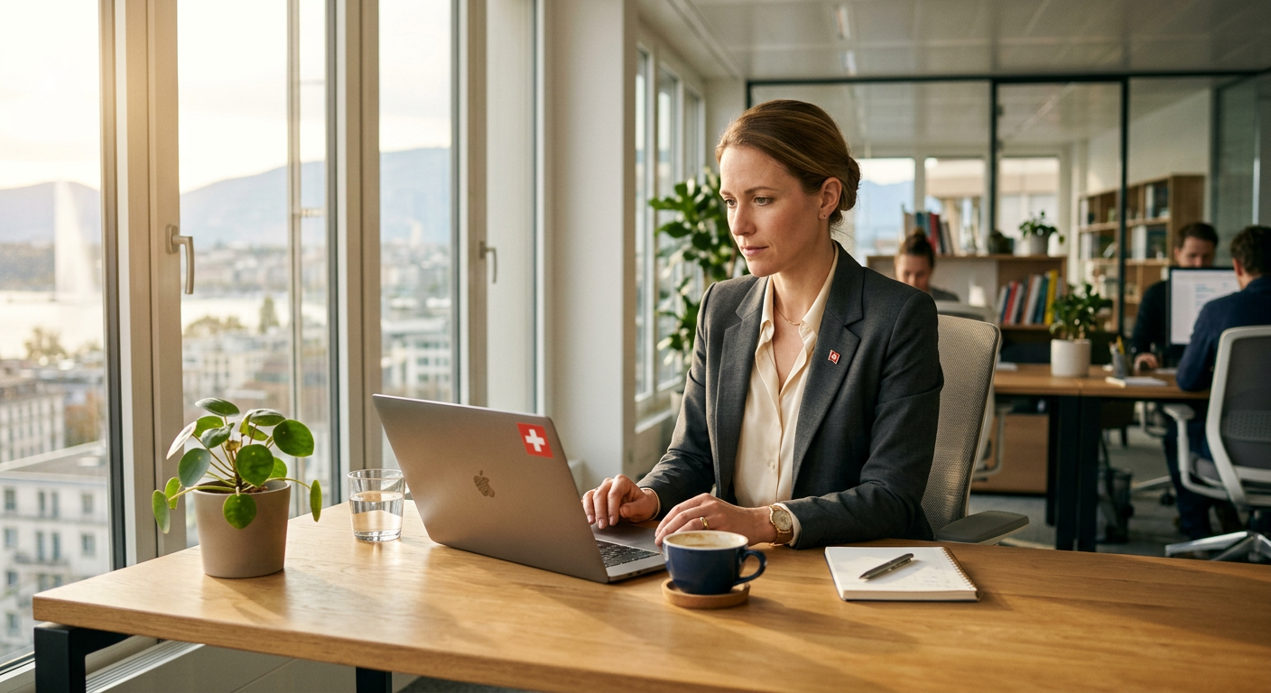 Une professionnelle suisse romande utilisant un ordinateur portable pour améliorer la visibilité de son site web sur les assistants IA comme ChatGPT et Perplexity