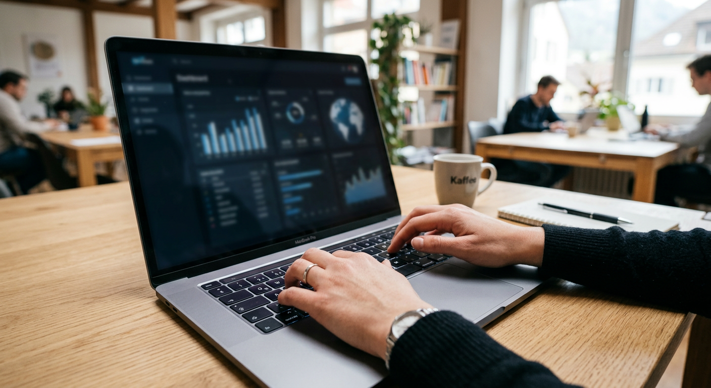 Mains tapant sur un clavier d'ordinateur pour optimiser le référencement IA d'un site romand sur les outils comme Perplexity et ChatGPT