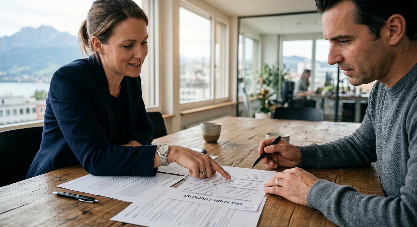 Deux professionnels en agence de référencement traditionnel examinant un audit SEO imprimé lors d'une réunion de travail