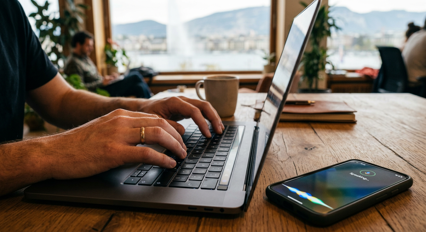 Entrepreneur suisse utilisant un assistant IA vocal et le référencement traditionnel pour optimiser la visibilité de sa PME en 2025