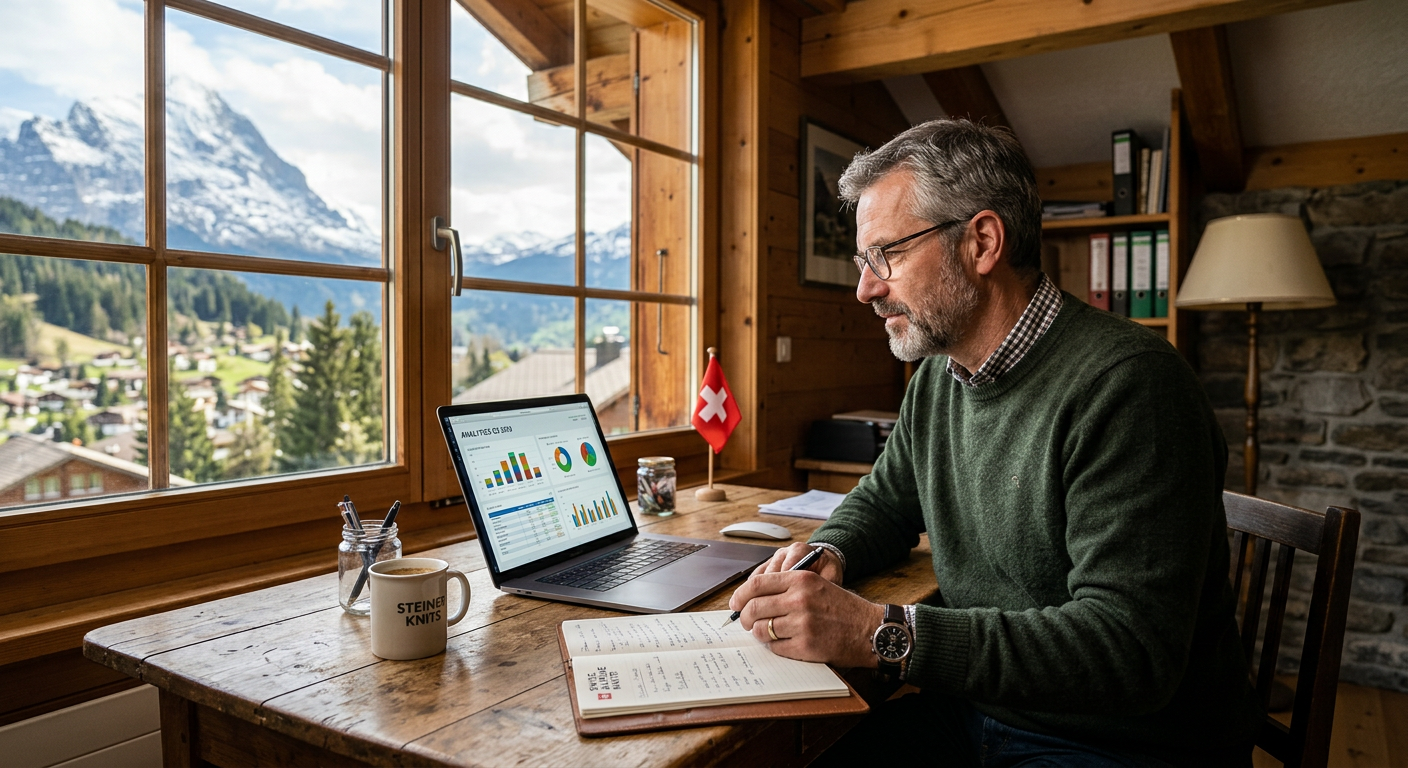 Propriétaire d'une petite entreprise suisse comparant une plateforme SEO et une agence SEO pour améliorer sa visibilité en ligne