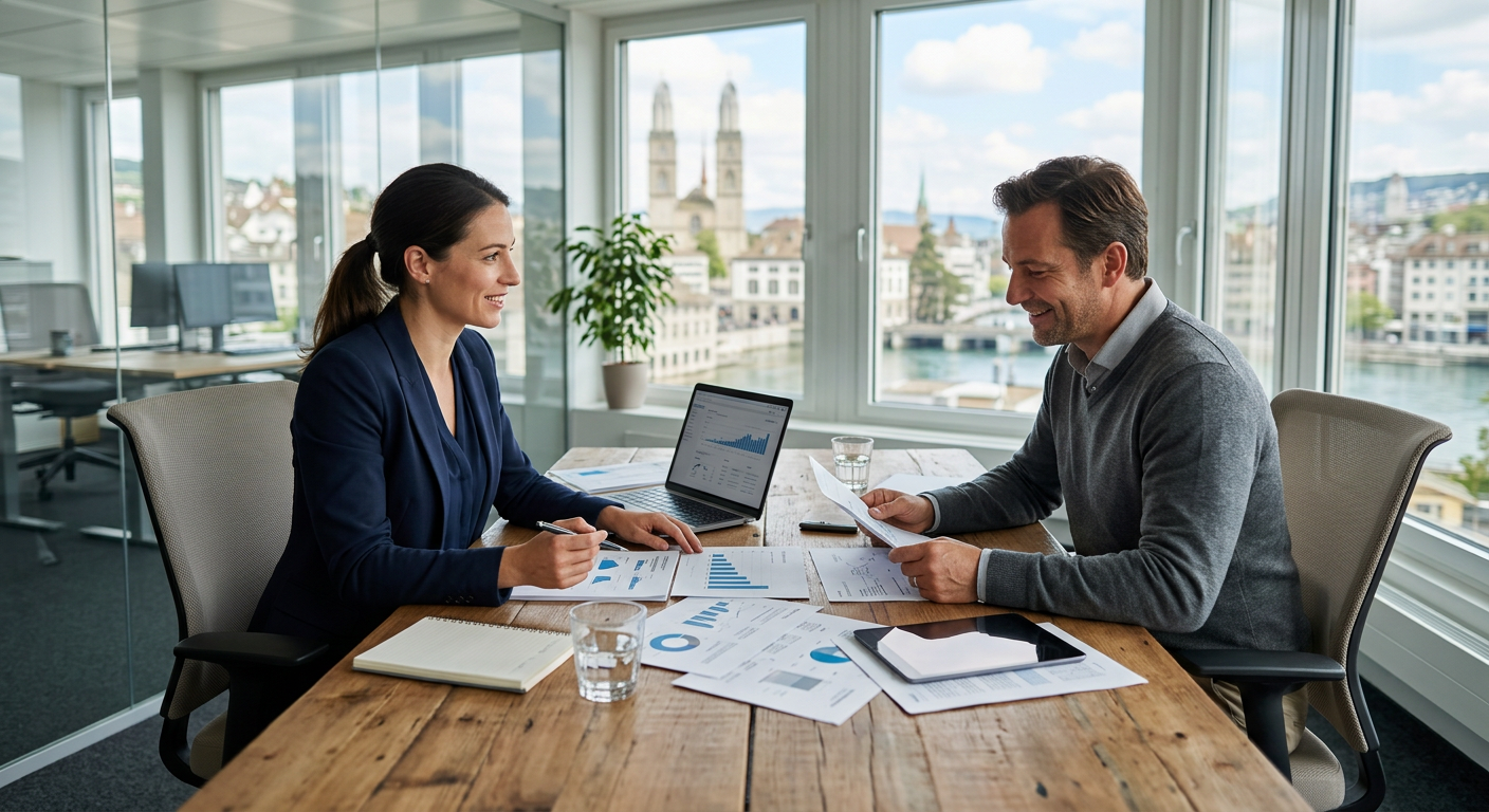 Réunion entre un consultant SEO d'une agence suisse et un entrepreneur pour optimiser le référencement local d'une PME