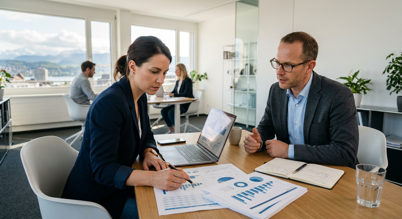 Consultant SEO et responsable PME analysant une stratégie de référencement naturel ensemble en Suisse