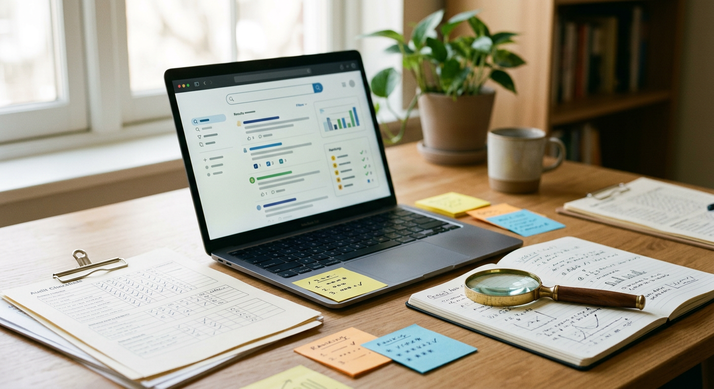 Illustration d'un audit de visibilité IA : ordinateur portable, checklist et loupe sur un bureau organisé