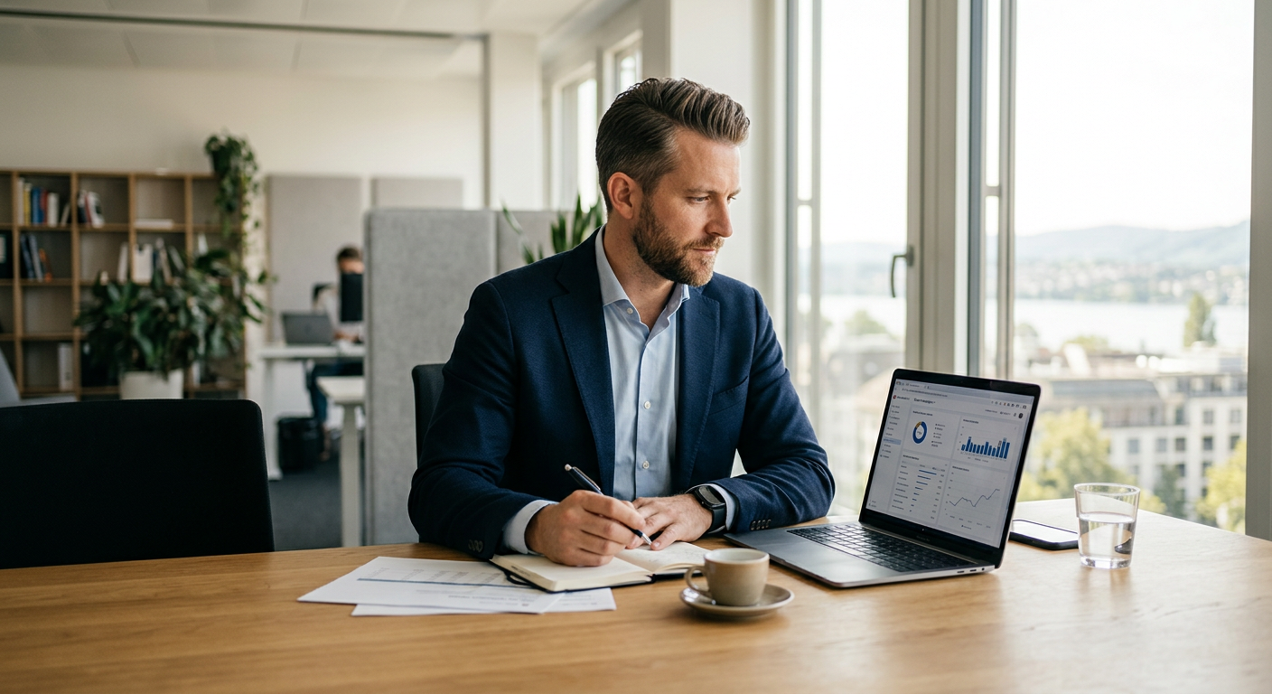 Entrepreneur suisse gérant le référencement Google de sa PME depuis son bureau sans agence