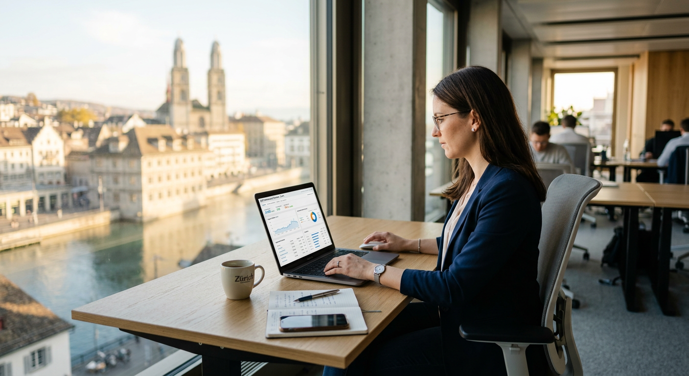 Professionnel suisse analysant des outils SEO et de surveillance de citations IA pour améliorer le référencement d'une PME