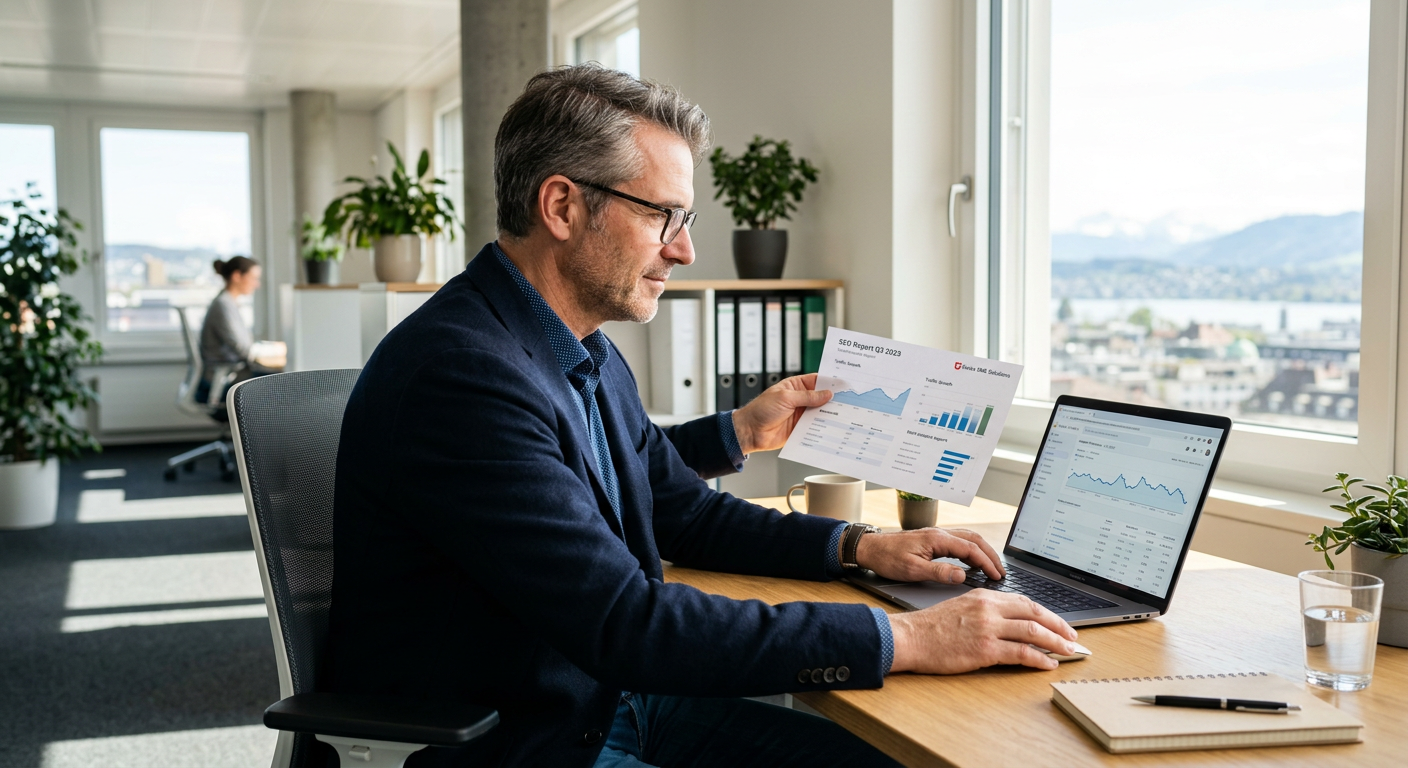 Dirigeant de PME en Suisse romande comparant les résultats d'un outil SEO automatisé avec ceux d'une agence SEO professionnelle