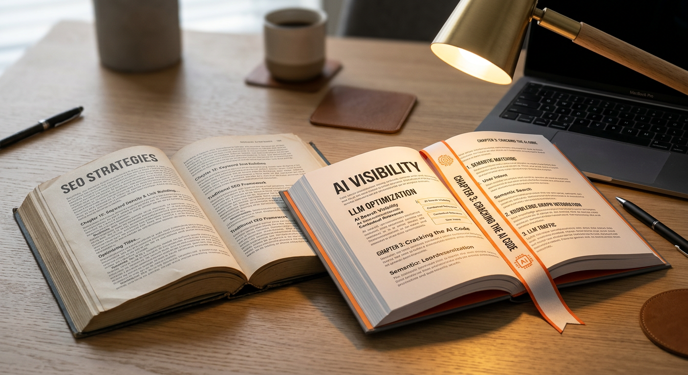 Deux livres côte à côte sur un bureau illustrant la différence entre le référencement Google traditionnel et la visibilité dans les réponses générées par l'intelligence artificielle comme ChatGPT