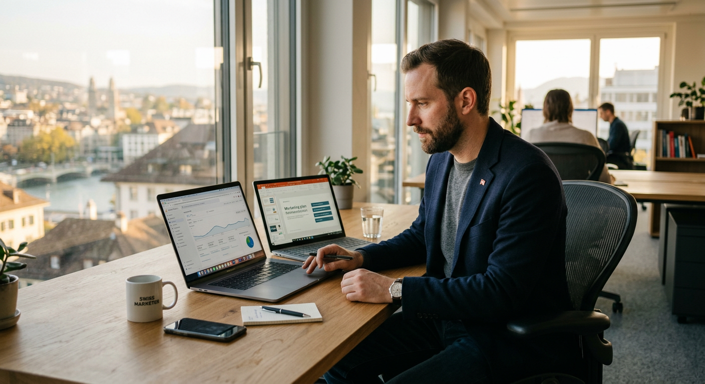Professionnel suisse comparant un outil de suivi de visibilité IA et un outil de référencement Google classique sur deux ordinateurs portables