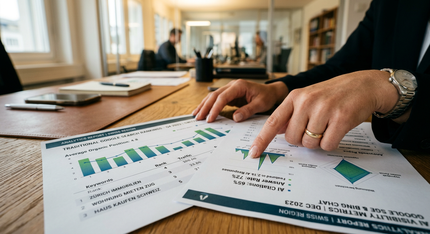 Comparaison concrète entre des rapports de référencement Google classique et des métriques de visibilité IA sur des feuilles imprimées