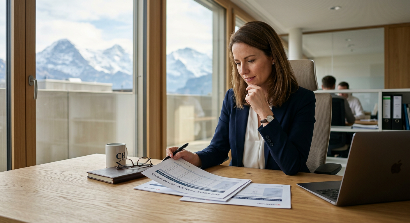 Entrepreneur suisse analysant les tarifs d'une agence SEO dans un bureau moderne en Suisse