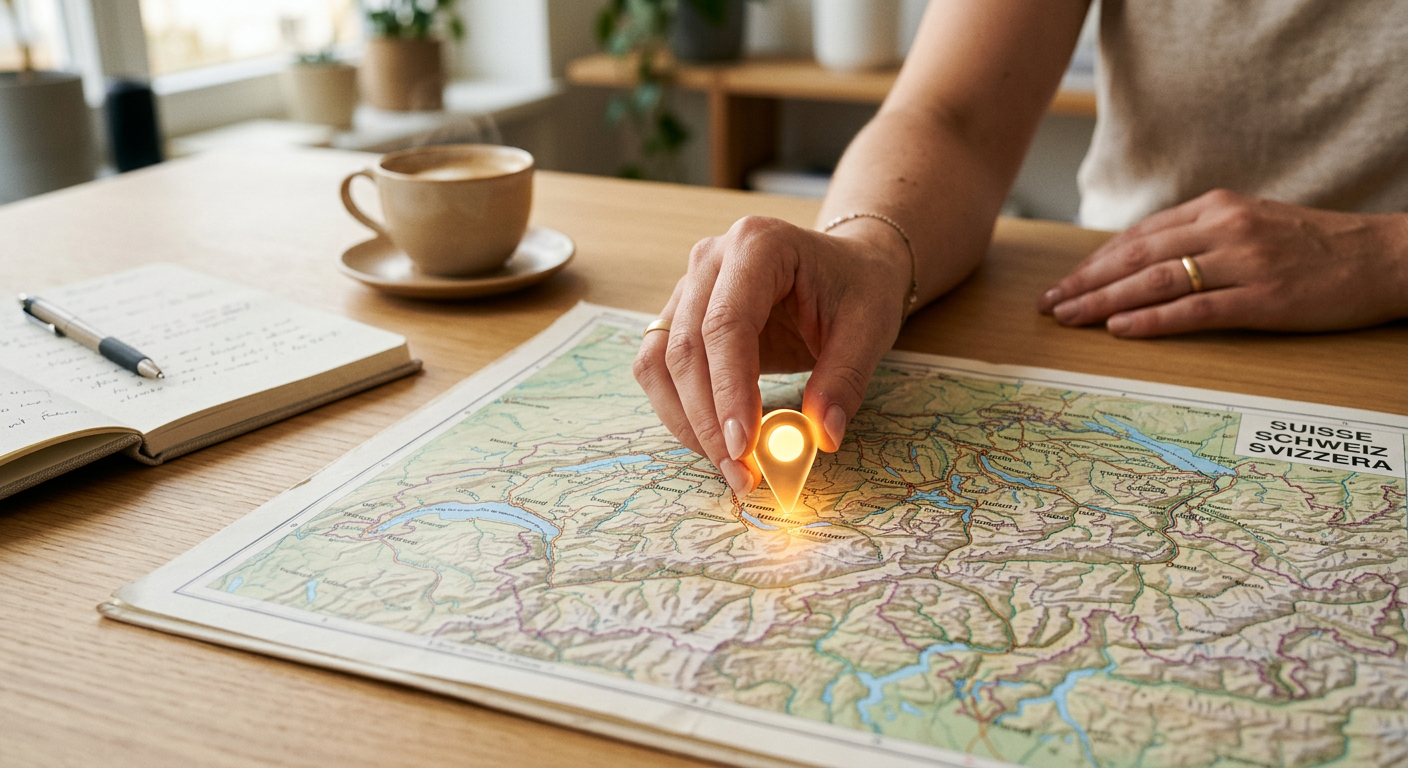 Illustration concrète du GEO marketing avec une épingle de localisation sur une carte de la Suisse représentant la stratégie de visibilité locale pour PME