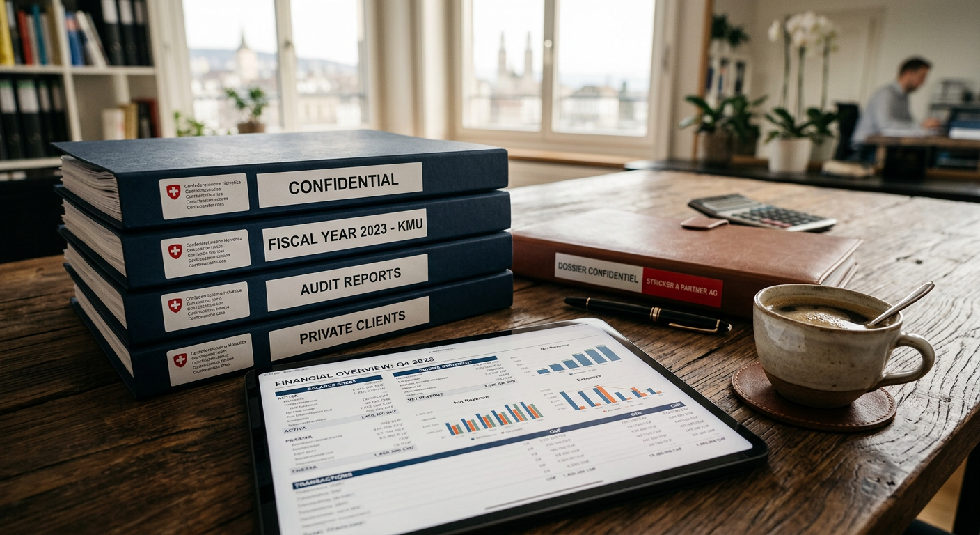 Dossiers financiers sécurisés et tablette numérique sur le bureau d'un cabinet fiduciaire en Suisse romande