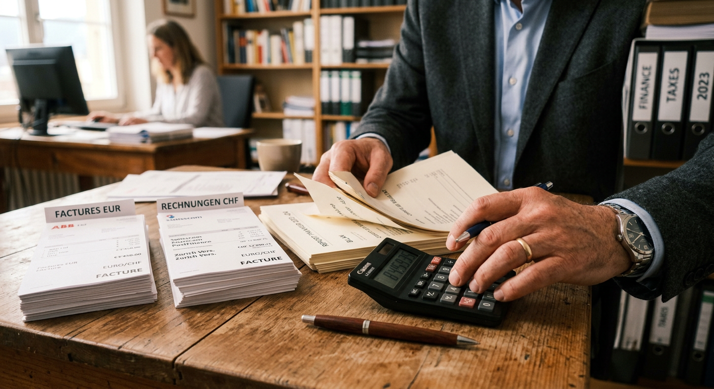 Documents comptables et factures organisés sur le bureau d'une fiduciaire en Suisse romande