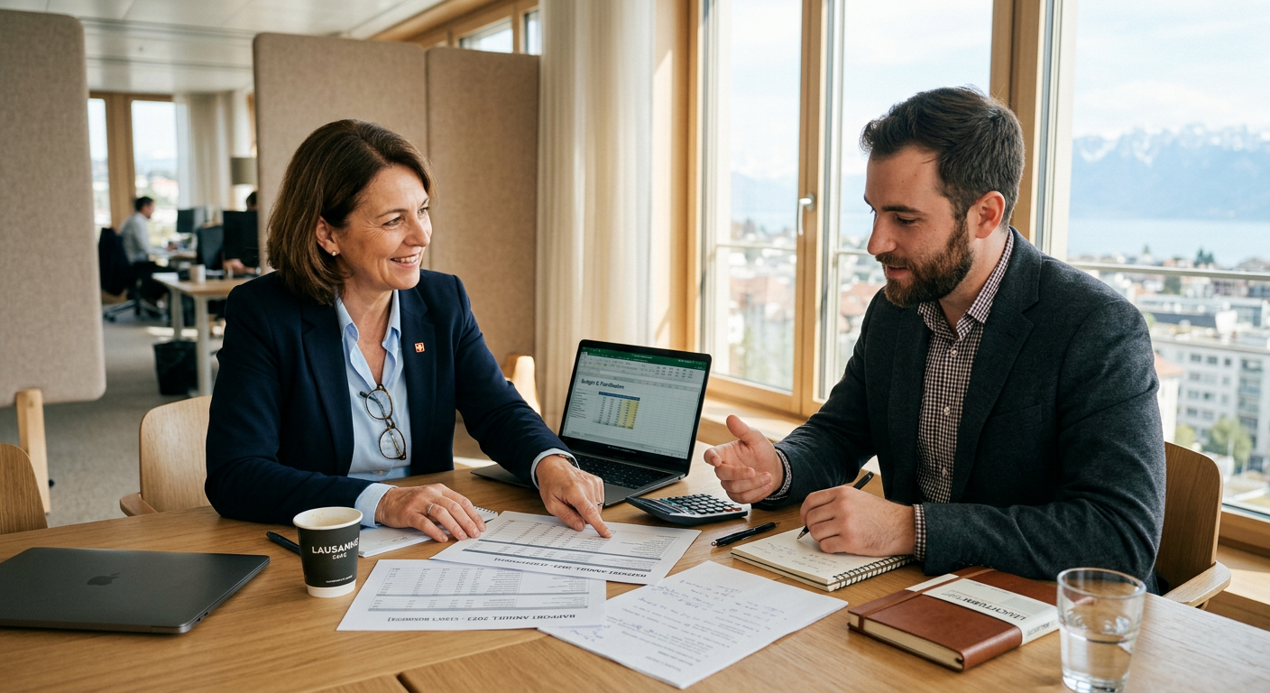 Conseiller fiduciaire et client PME en Suisse romande discutant des bénéfices des agents IA pour la gestion administrative