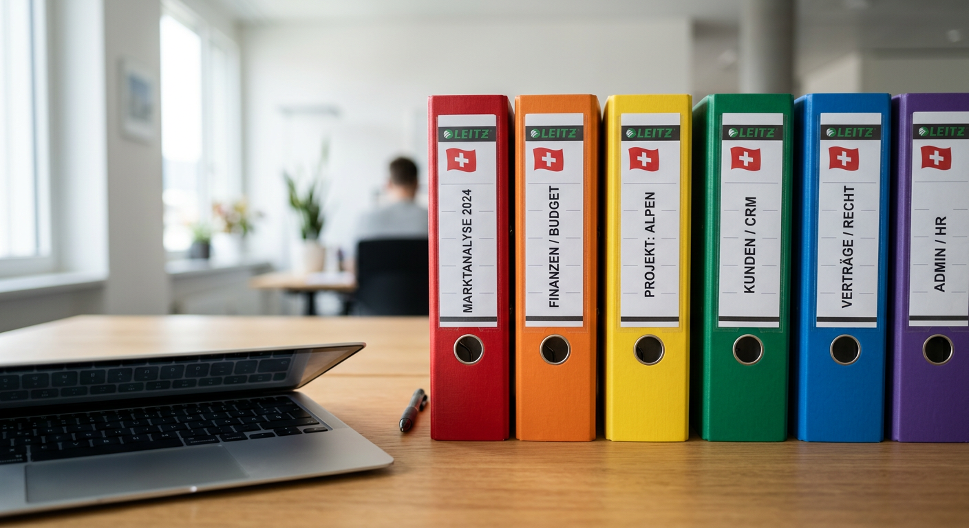 Dossiers classés par convention de couleurs sur un bureau de fiduciaire illustrant l'apprentissage des règles de classement par un logiciel IA