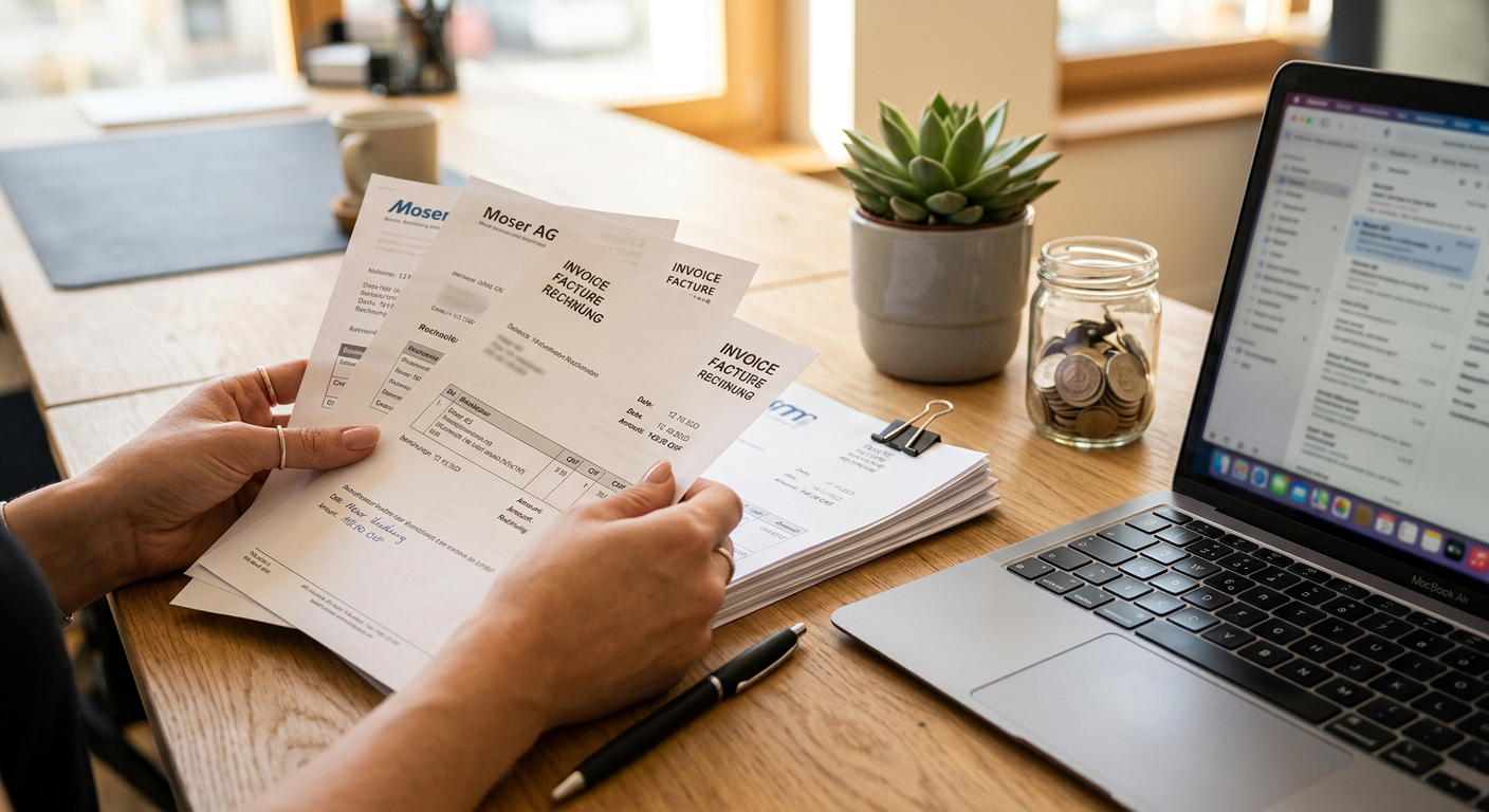 Mains triant des factures papier à côté d'un ordinateur portable illustrant le coût d'une solution d'automatisation comptable pour PME suisse