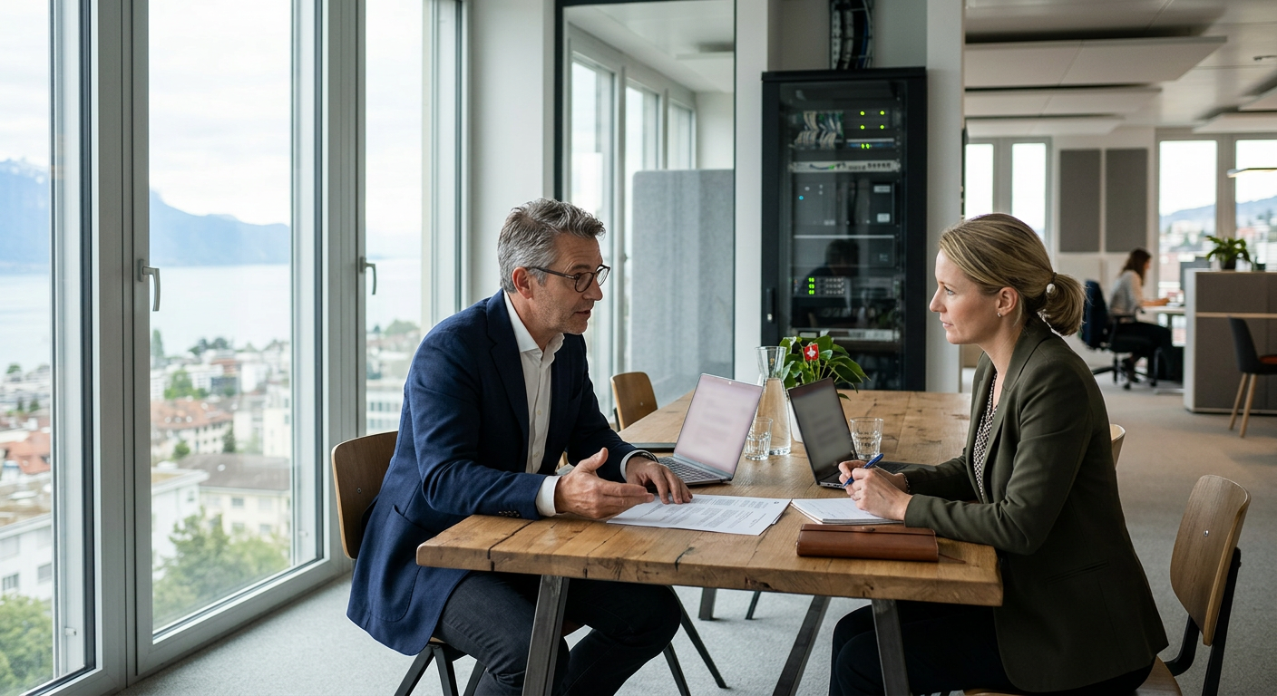 Équipe fiduciaire en Suisse romande évaluant les avantages d'un agent IA on-premise