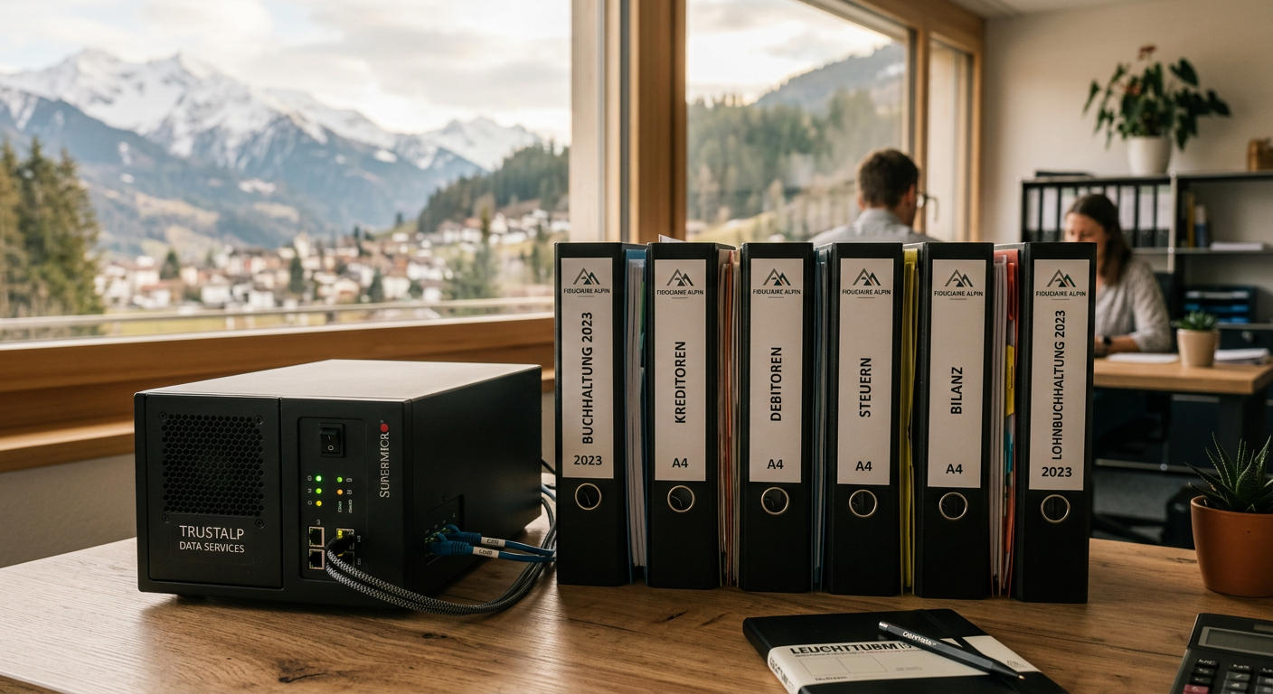 Serveur IA local installé dans un bureau de fiduciaire en Suisse romande à côté de dossiers comptables