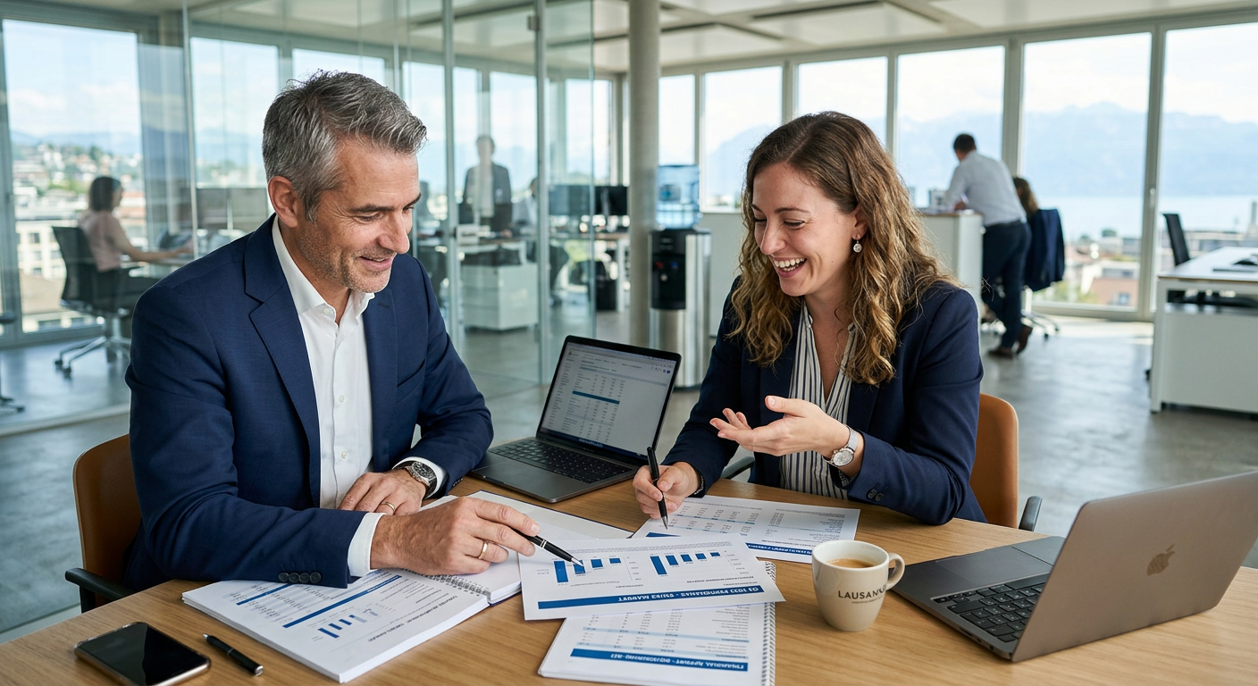 Équipe de PME en Suisse romande analysant des rapports comptables générés par intelligence artificielle