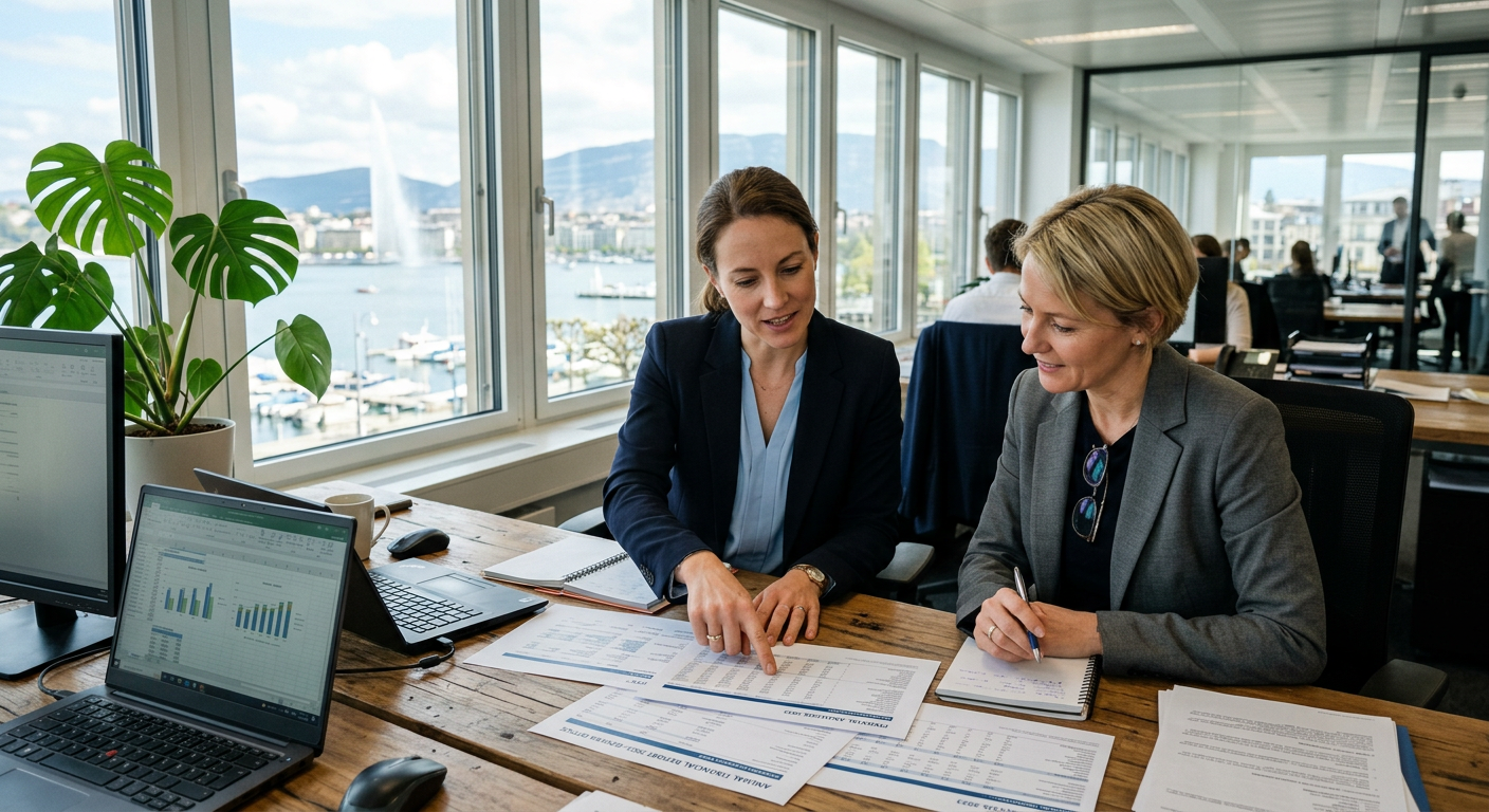 Collaborateurs d'une fiduciaire suisse utilisant un agent IA on-premise pour analyser des documents comptables