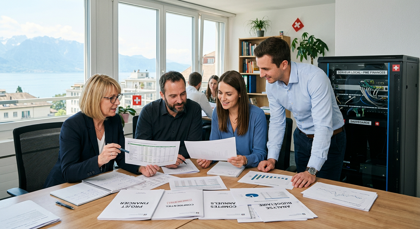 Équipe d'une PME suisse travaillant avec une solution IA locale pour sécuriser leurs données confidentielles