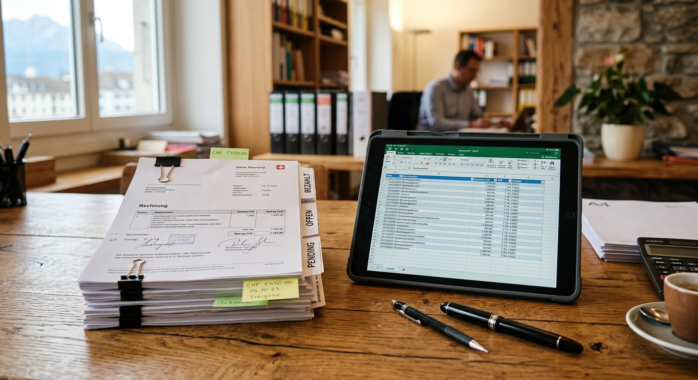 Documents comptables et tablette numérique côte à côte illustrant l'automatisation de la comptabilité en Suisse